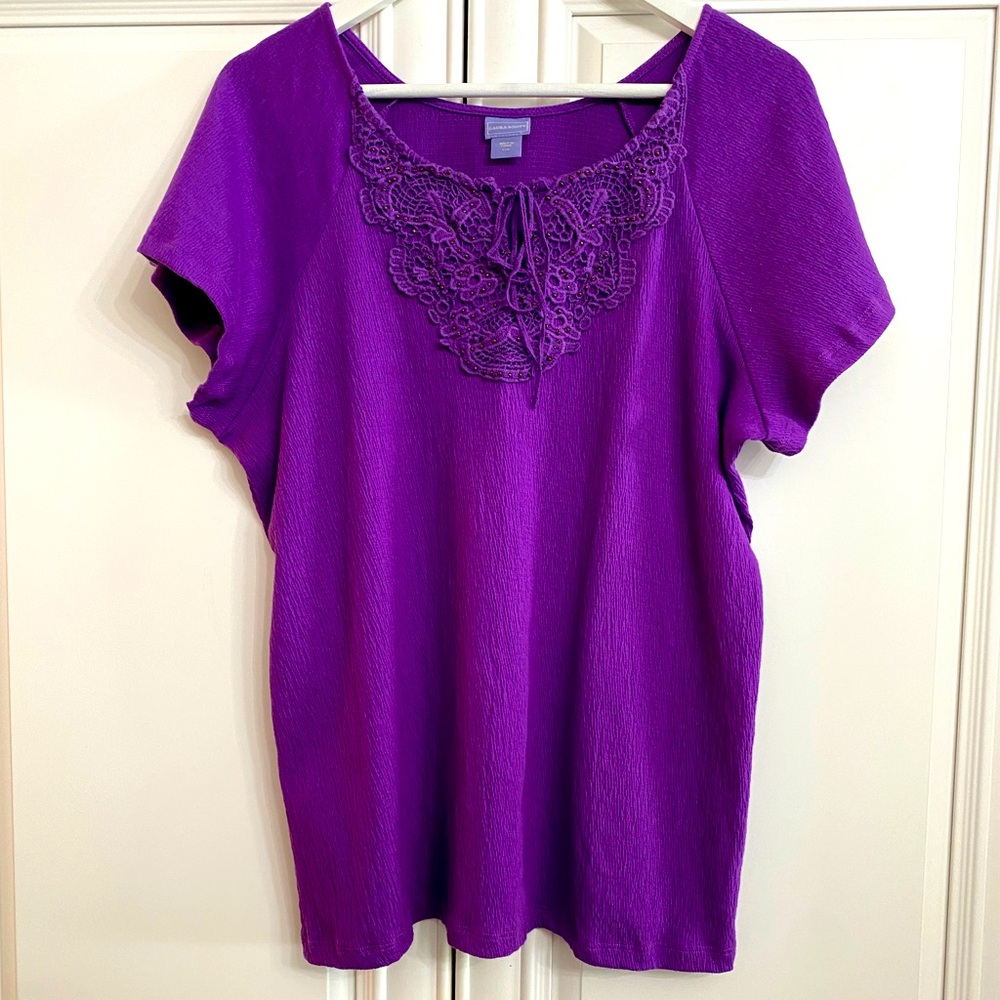 Laura Scott Women’s Large Short Sleeve Purple Blouse Scoop Neck Crochet Detail